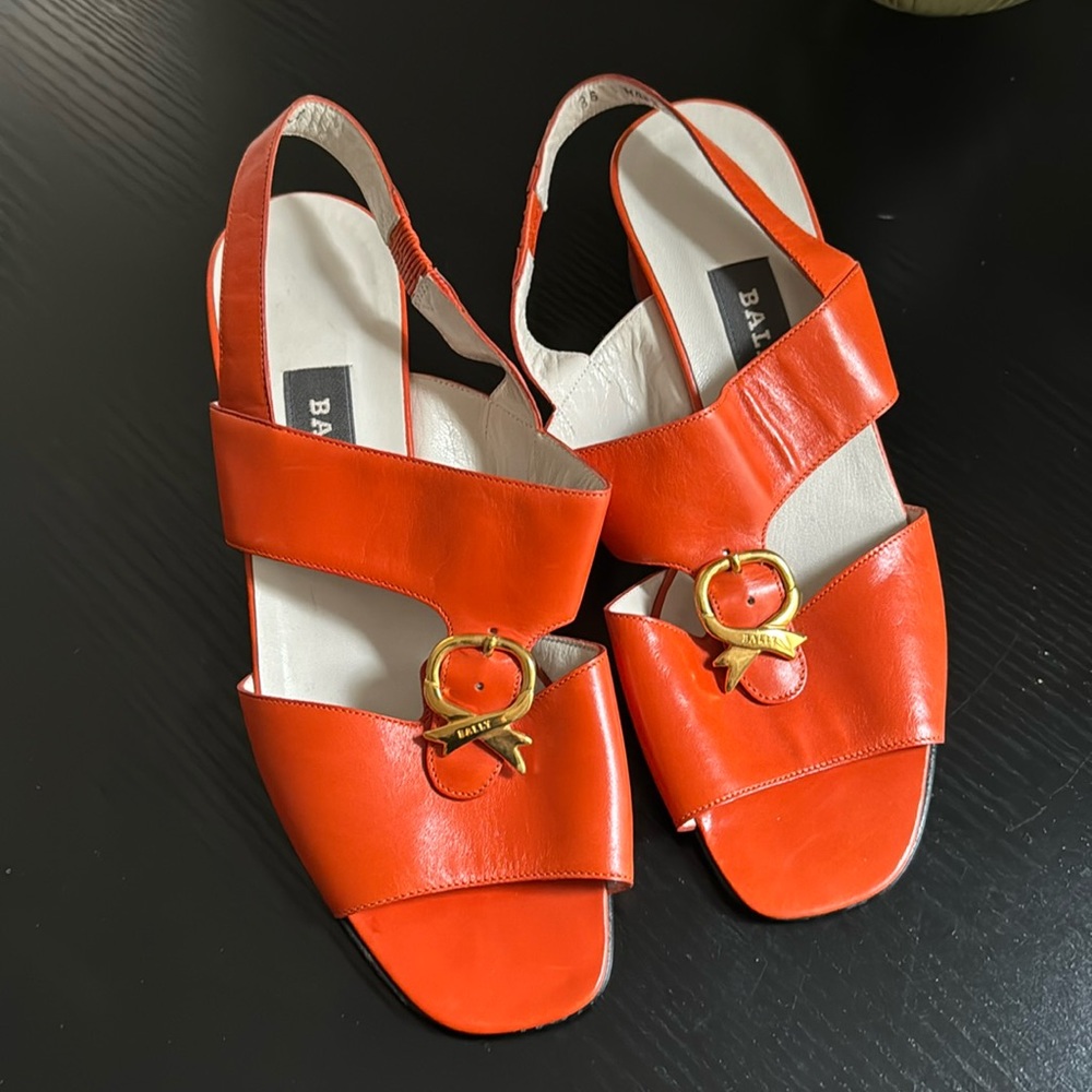 Vintage Orange Leather Bally Gold Buckle Sandals Block Heel Slingbacks